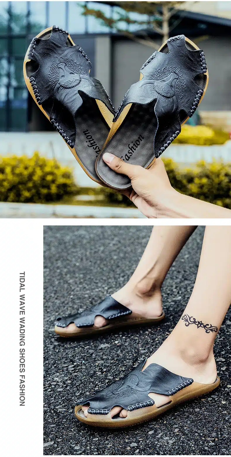 Summer Breathable Men's Sandals Soft Leather Casual Shoes Comfortable Flats Man slippers Roman Style Beach Sandals 19