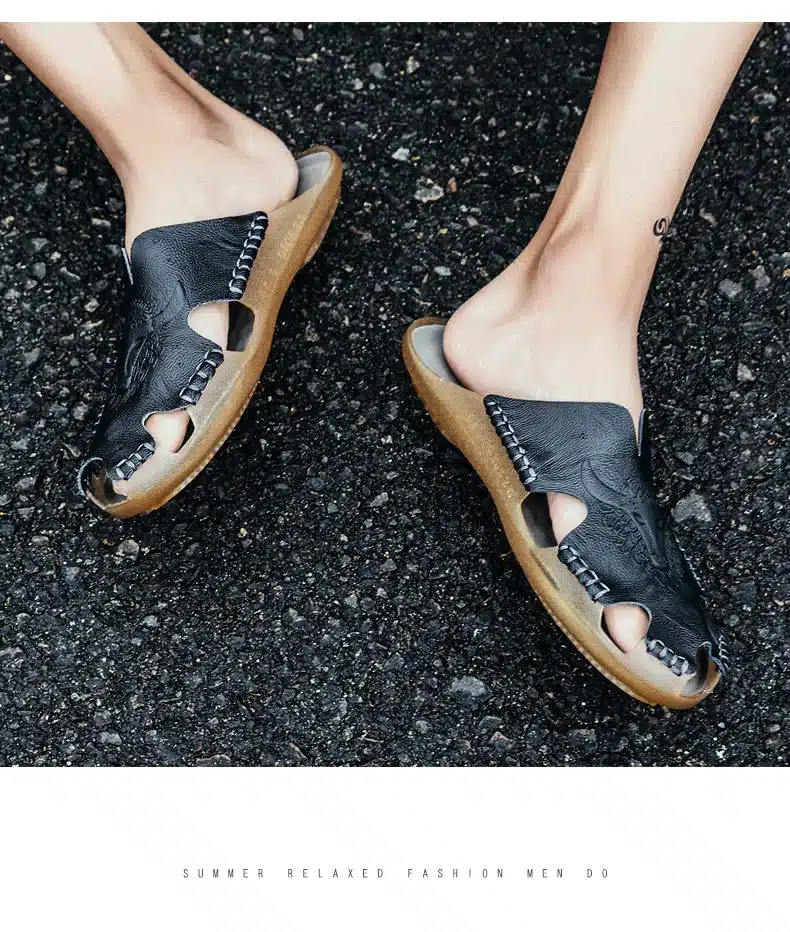 Summer Breathable Men's Sandals Soft Leather Casual Shoes Comfortable Flats Man slippers Roman Style Beach Sandals 20