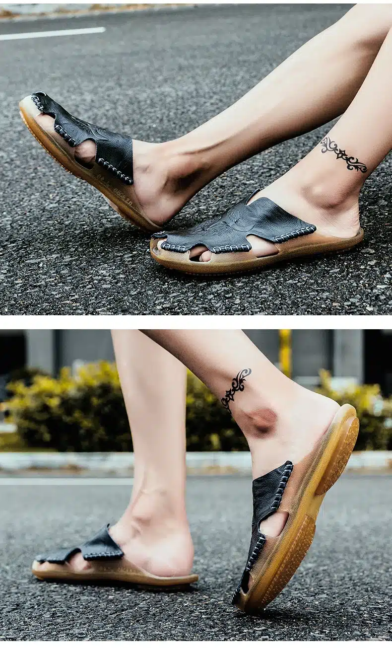 Summer Breathable Men's Sandals Soft Leather Casual Shoes Comfortable Flats Man slippers Roman Style Beach Sandals 21