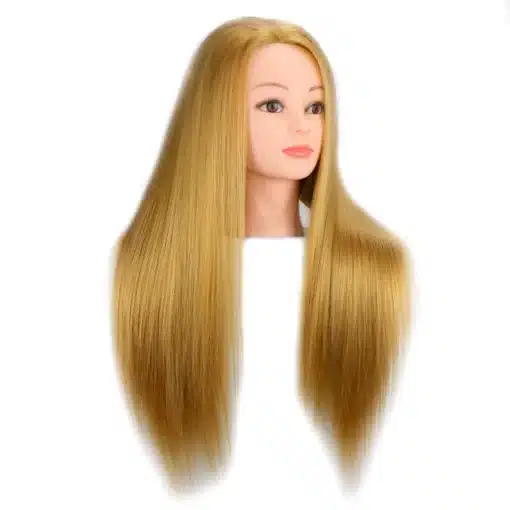Treeningpea 65 cm pikkuste siledate blondide juustega, ideaalne juuksuri või stilisti koolitamiseks. Blondid juuksed on täiuslikud soengute harjutamiseks, taust neutraalne valge.