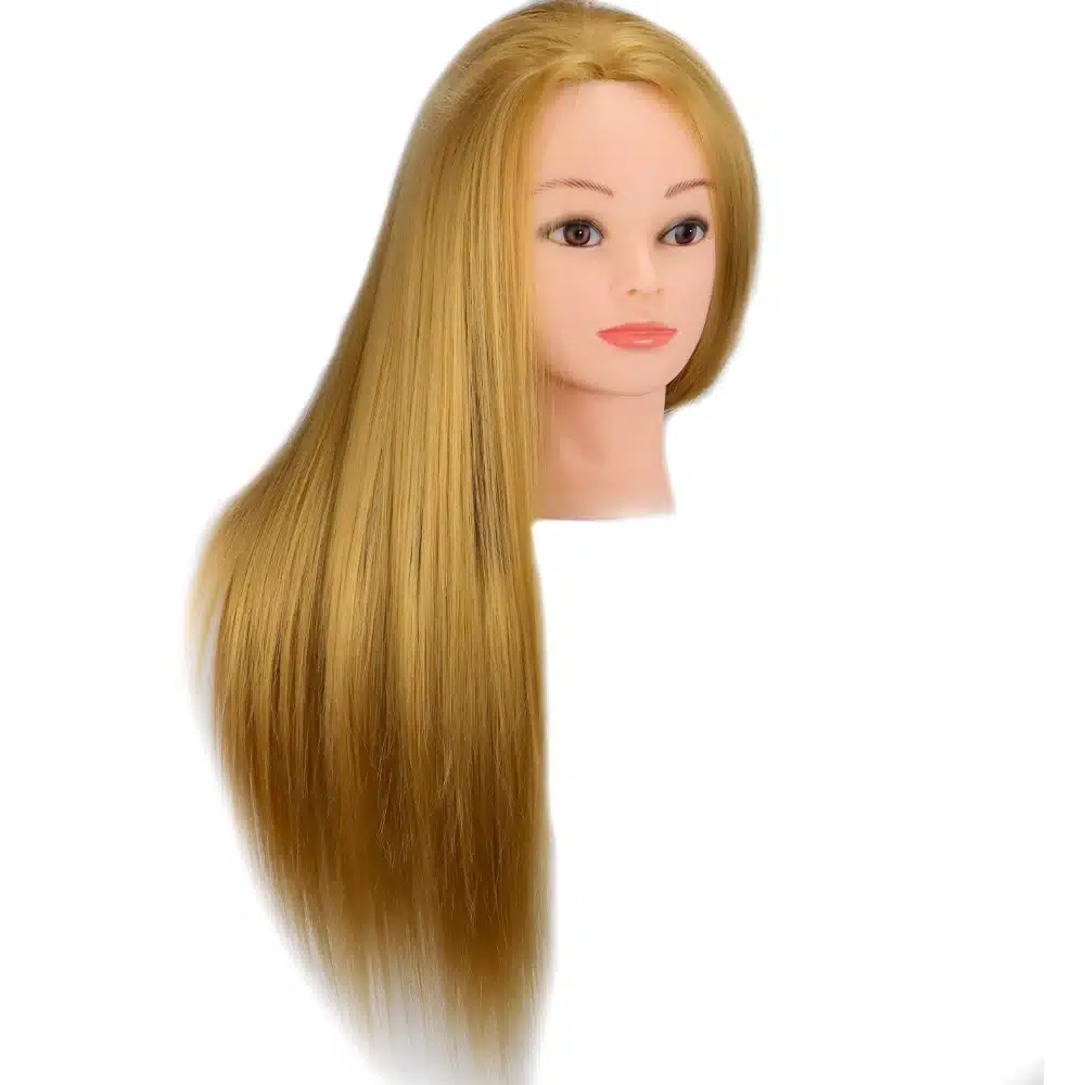 Blondide 65 cm pikkuste juustega treeningpea, millel on elutruud näojooned ja voogavad kuldsed juuksed. Sobib ideaalselt juuksuritele ja stilistidele harjutamiseks ja soengute loomiseks.