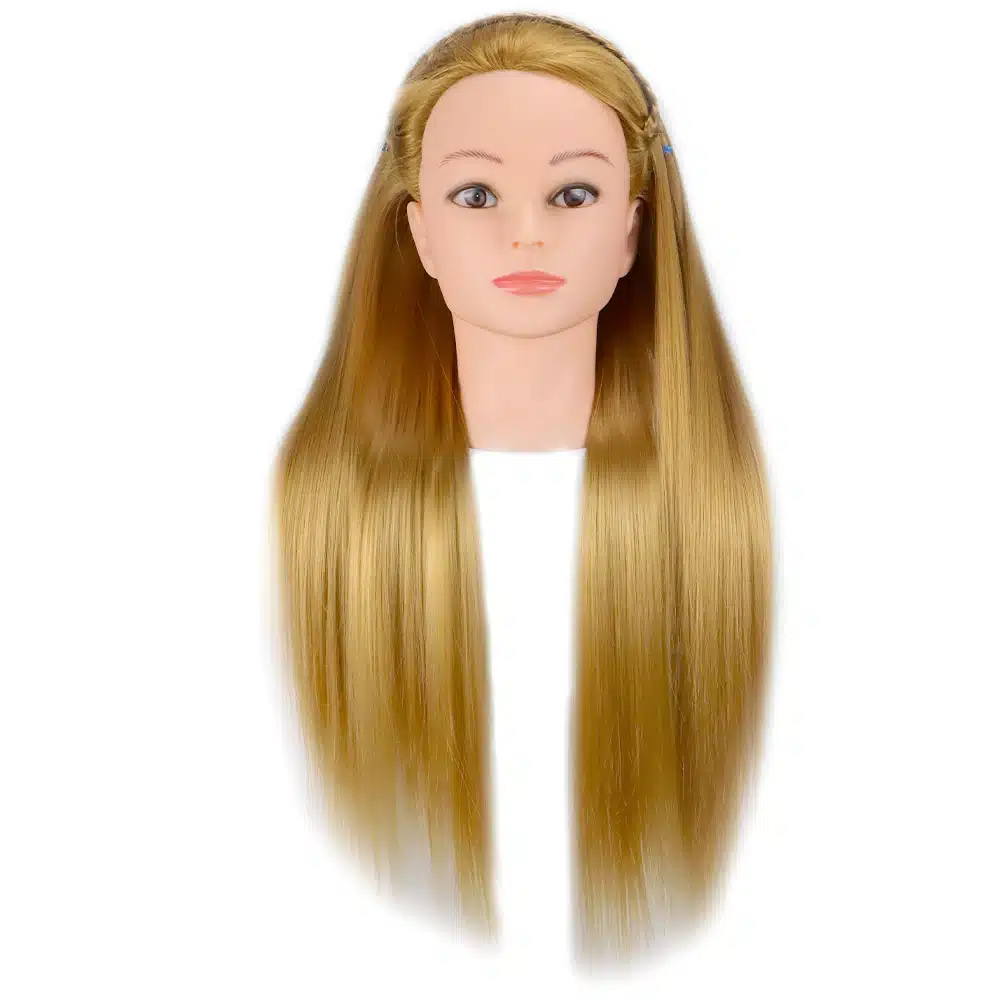 Treeningpea, millel on 65 cm pikad blondid juuksed. Juuksed on sirged ja langevad sujuvalt, sobivad stiilimisel ja harjutamisel kasutamiseks. Pea taust on valge, võimaldades juuksehoolduse tööriistu paremini esitleda.