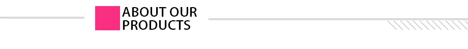 Kujundus tekstiga 'About Our Products' valgel taustal, aktsendiks roosa ruut.