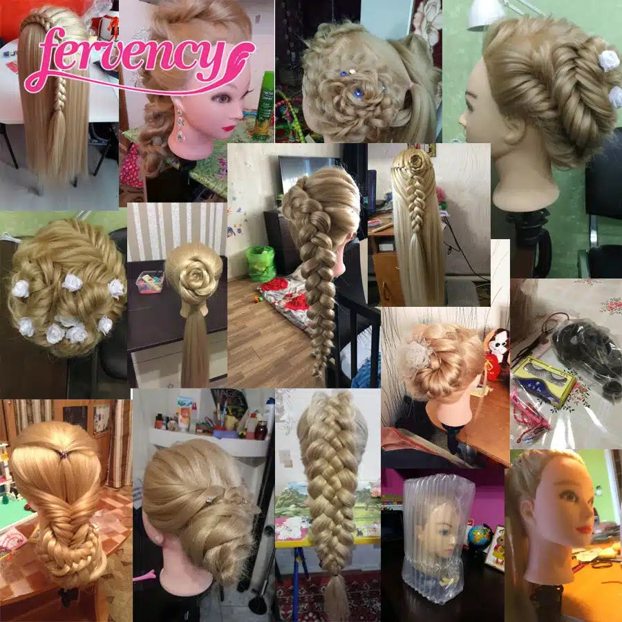 Treeningpea blondide juustega, erinevates soengutes, kaasa arvatud punutised ja lilled. Pea on asetatud mitmesugustel taustadel ja esiplaanil. Juuksed on pikad ja hästi töödeldavad.