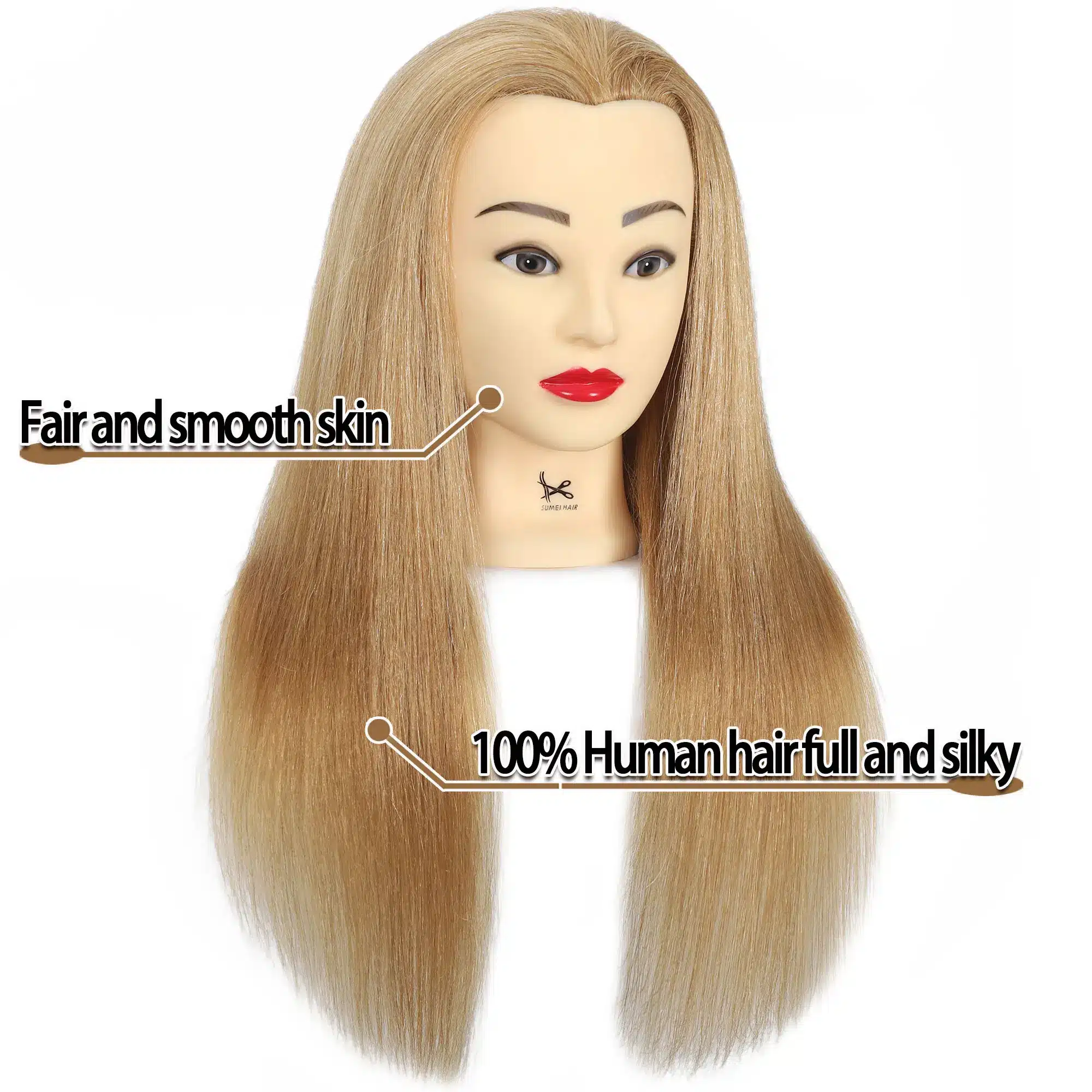 Blond inimjuustega mannekeeni pea realistliku välimusega, punaste huulte ja selge nahaga soengute tegemiseks valgel taustal.