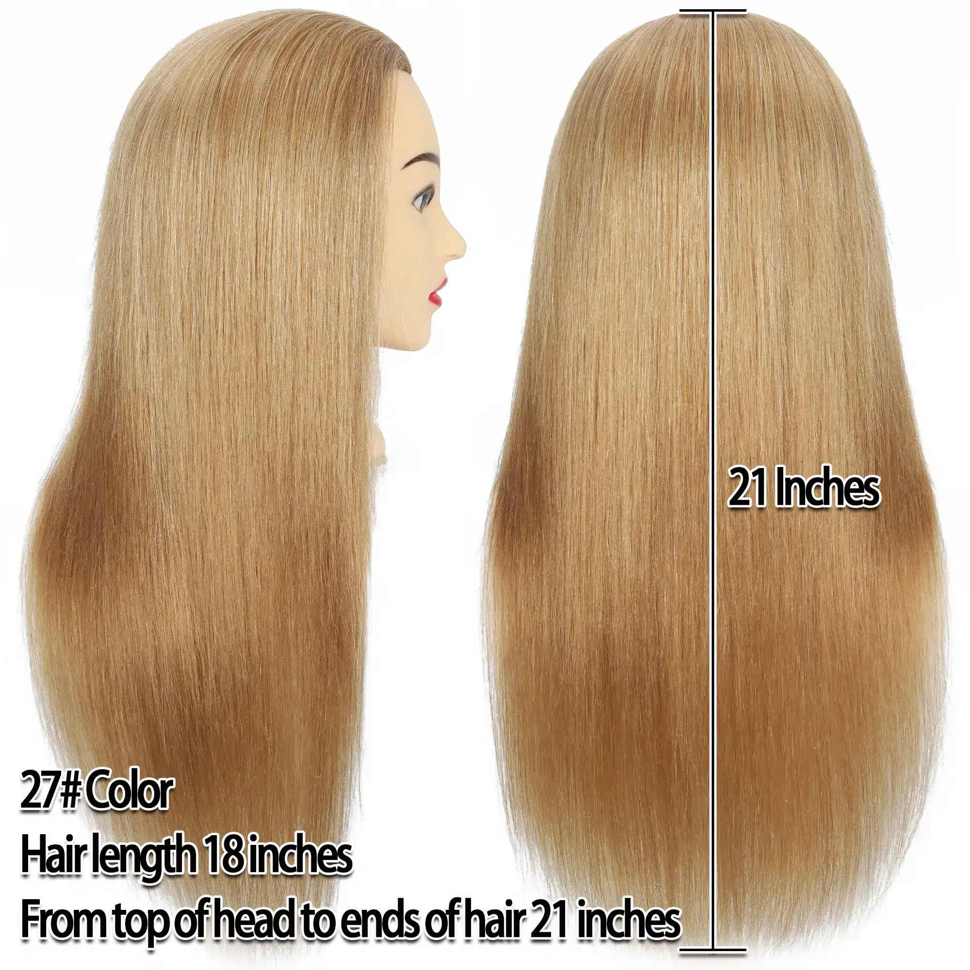 Inimjuustega mannekeeni pea soengute tegemiseks, millel on pikk, sirge, blondid juuksed, mis ulatuvad 21 tolli. Pea profiil- ja tagantvaade valgel taustal.