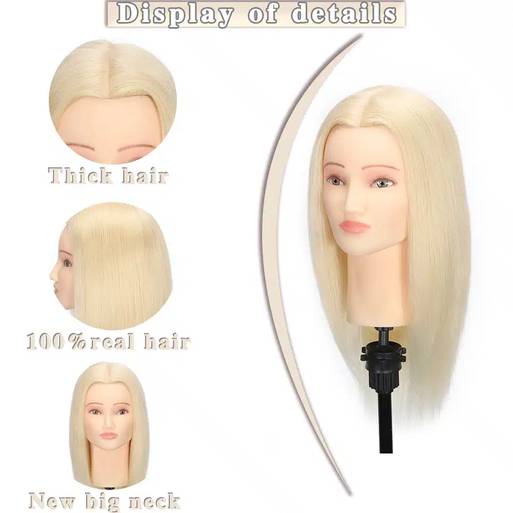 Blondide juustega inimjuustest mannekeeni pea, mis sobib ideaalselt soengute harjutamiseks. Pea on kinnitatud mustale alusele, näidates naturaalset juuksestruktuuri ja realistlikku välimust, ideaalne juuksurikoolitusteks.