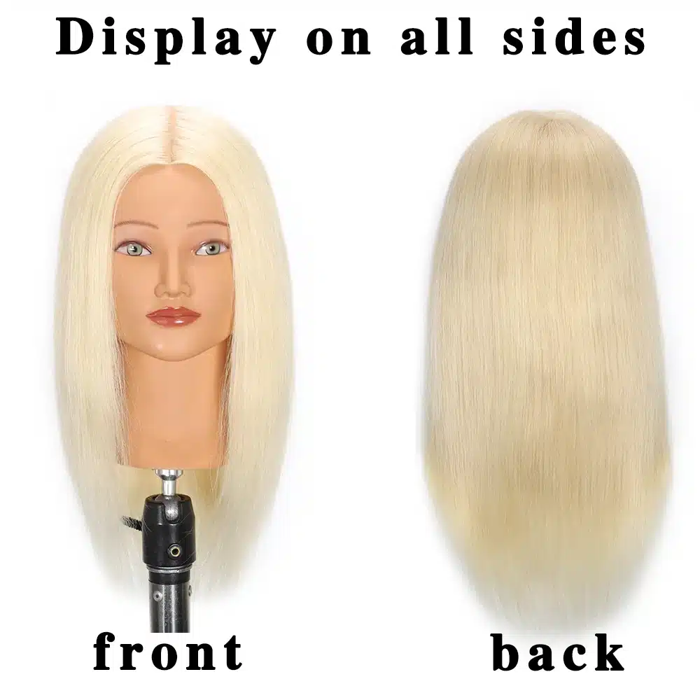 Inimjuustega mannekeeni pea esiküljelt ja tagantvaates. Pea on kinnitatud musta alust toetava metallaluse külge. Blondid juuksed on sirged ja langevad kergelt üle õlgade valgel taustal.