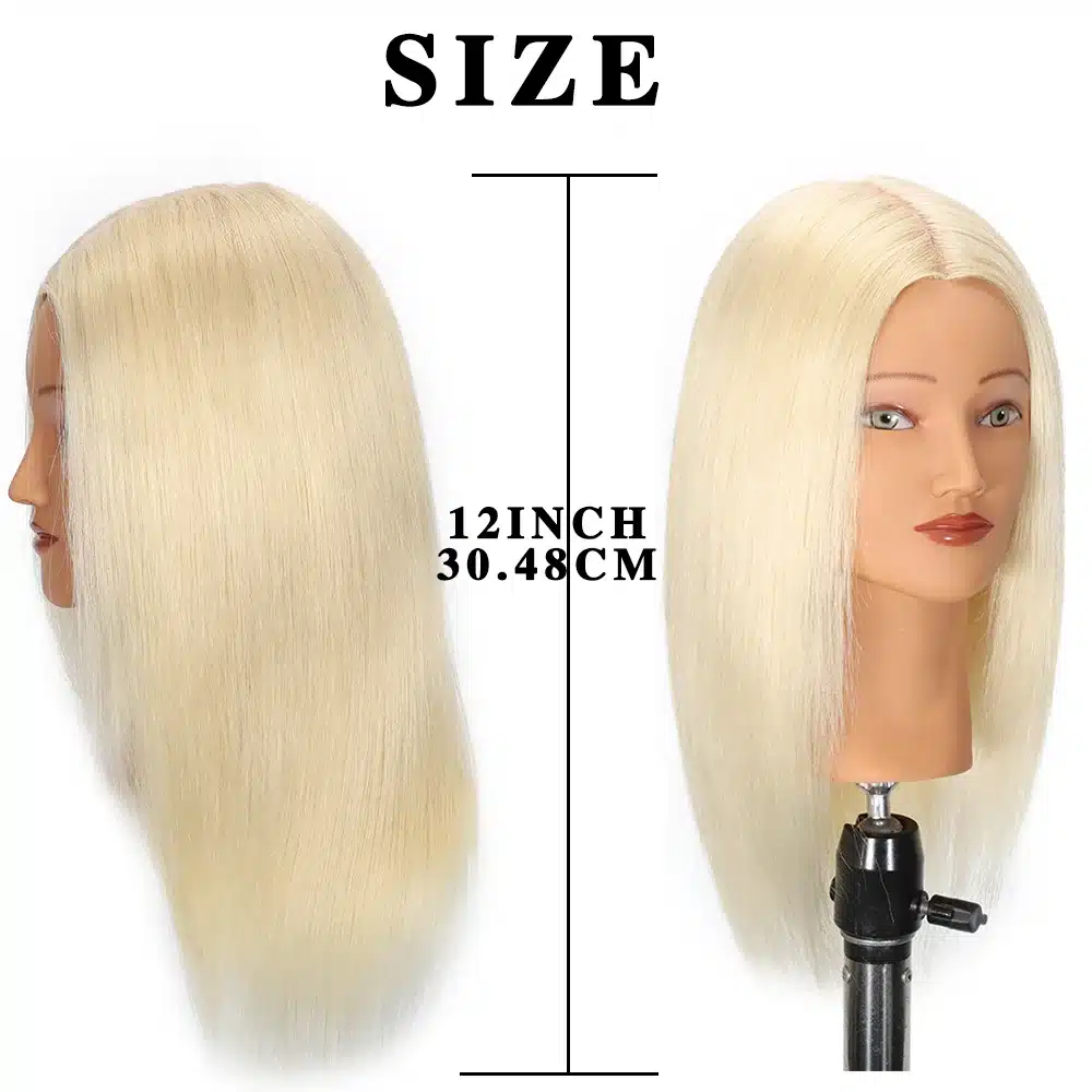 Blondide juustega inimjuuste mannekeeni pea, millel on sirged, siledad ja loomulikud juuksed, paigaldatud mustale statiivile. Pildil on näidatud mõõtmed 12 tolli ehk 30,48 cm.