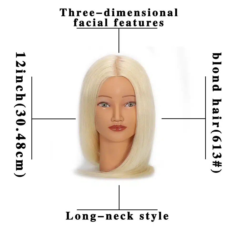Blondide juustega inimmannekeeni pea, millel on kolmemõõtmeline näo detail, sobib soengute tegemiseks. Juuksed on 12 tolli pikad ja heledad, asetatud neutraalsele valgele taustale.