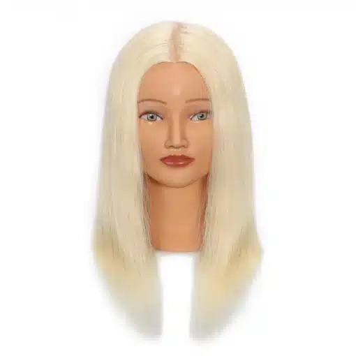 Inimjuustega mannekeeni pea, millel on pikad blondid sirged juuksed valgel taustal.