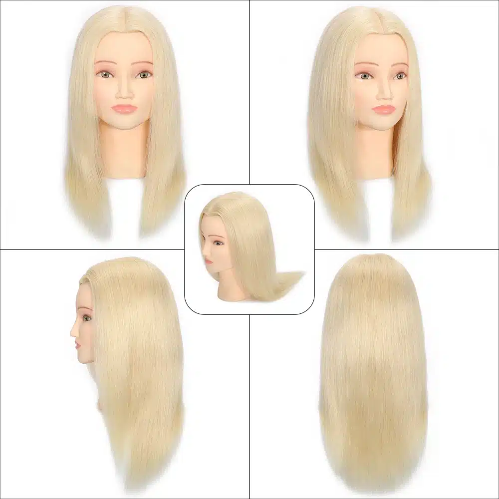 Inimjuustega mannekeeni pea erinevates vaadetes; blondid juuksed sirged ja läikivad, mannekeen neutraalse ilmega valgel taustal.