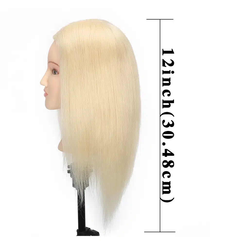 Inimjuustega mannekeeni pea profiilvaade soengute tegemiseks, millel on heledad sirged juuksed 30,48 cm pikkusena valgel taustal.