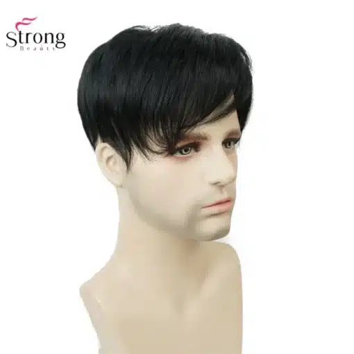 Meestele mõeldud sirgete juustega parukas, mis on musta värvi ja valmistatud kvaliteetsest sünteetilisest materjalist, paigutatud mannekeeni pähe valgel taustal.