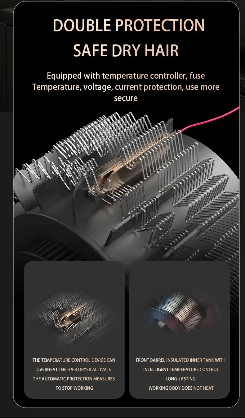 Lähivaade väikesele seinale kinnitatavale föönile, millel on kahekordne kaitseseade temperatuuri ja voolu reguleerimiseks metallistel komponentidel. Tume taust rõhutab seadme tehnoloogilist disaini.