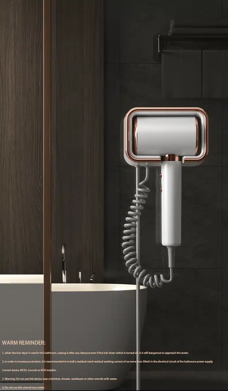 Väike seinale kinnitatav föön, elegantse disainiga, valge ja vase toonides modernne föön vannitoas tumeda puidu ja keraamilise seina taustal.