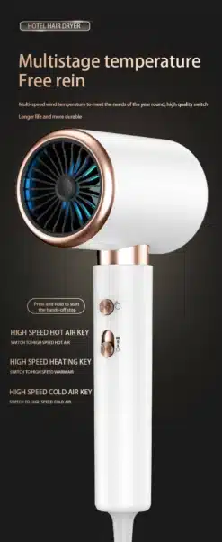 Valge ja kuldsete äärtega väike seinale kinnitatav föön mustal taustal. Seadmel on kolm nuppu ja mitmetasandiline temperatuuri seadistus, mis on mõeldud erinevate kuumuse ja külma õhu kiiruste pakkumiseks.