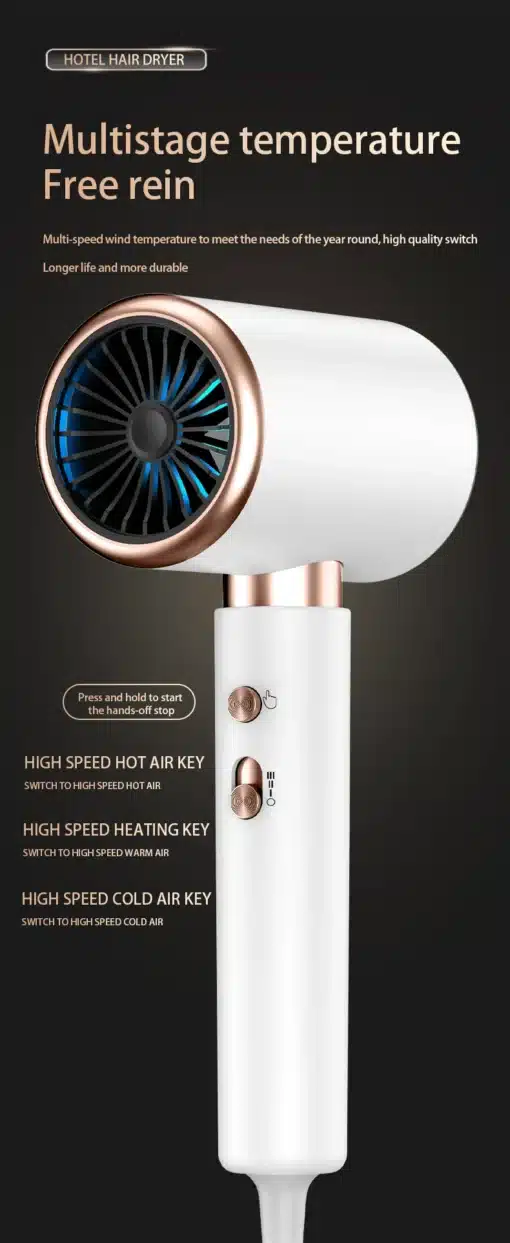 Väike seinale kinnitatav föön | E-pood Tootemaailm Valge ja kuldsete äärtega väike seinale kinnitatav föön mustal taustal. Seadmel on kolm nuppu ja mitmetasandiline temperatuuri seadistus, mis on mõeldud erinevate kuumuse ja külma õhu kiiruste pakkumiseks.