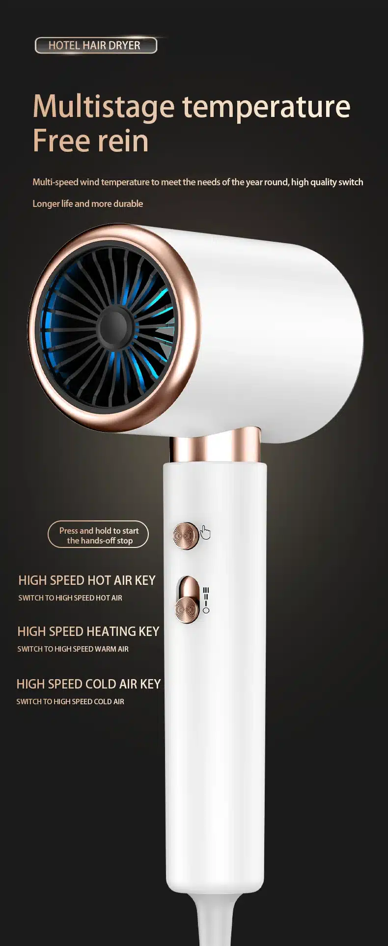 Väike seinale kinnitatav föön, millel on valge ja kuldne disain, mitmeastmeline kuumuse reguleerimine ja must-läikiv ventilaator, paikneb tumedal taustal.