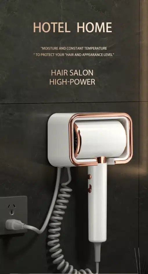 Väike seinale kinnitatav föön | E-pood Tootemaailm Valge ja vaskviimistlusega väike seinale kinnitatav föön mustal taustal hotellis või kodus kasutamiseks.