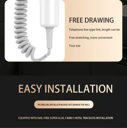 Väike seinale kinnitatav föön | E-pood Tootemaailm Valge väike seinale kinnitatav föön spiraalse juhtmega moodsa tumeda sisustuse taustal. Föönil on vabalt venitatav kaabel, mis pakub mugavat ulatust igapäevaseks kasutamiseks.