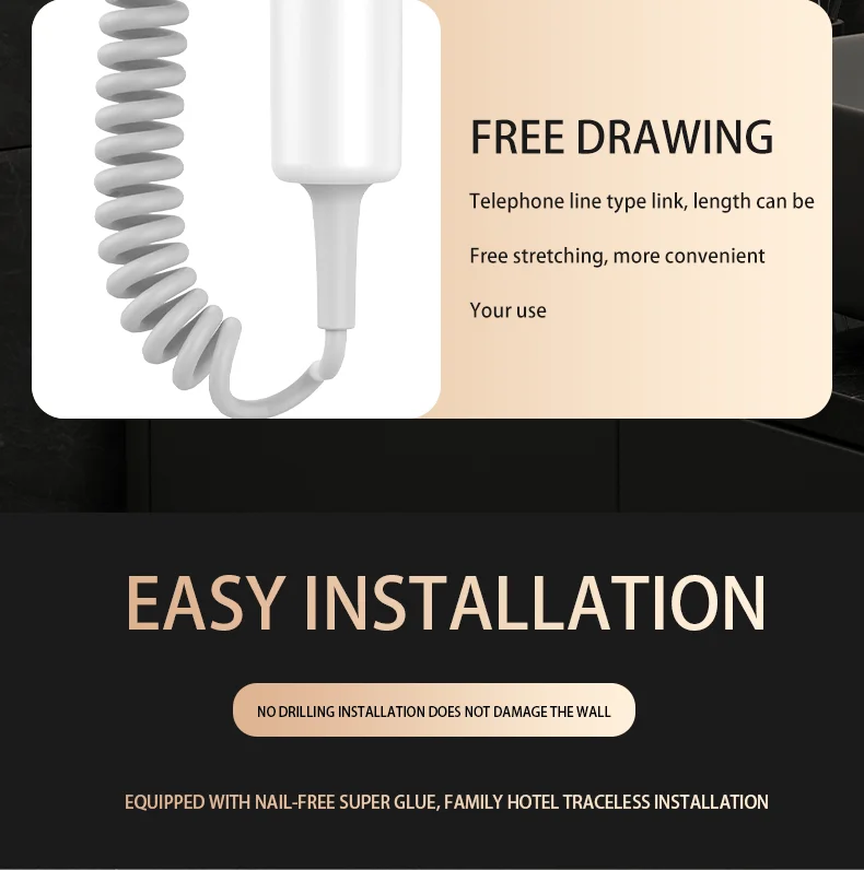 Väike seinale kinnitatav föön, millel on veniv spiraalkaabel ja lihtne kinnitus. Föön on paigaldatud tumedale vannitoa seinale, kaasas tekstitahvel mugava paigaldamise kohta.