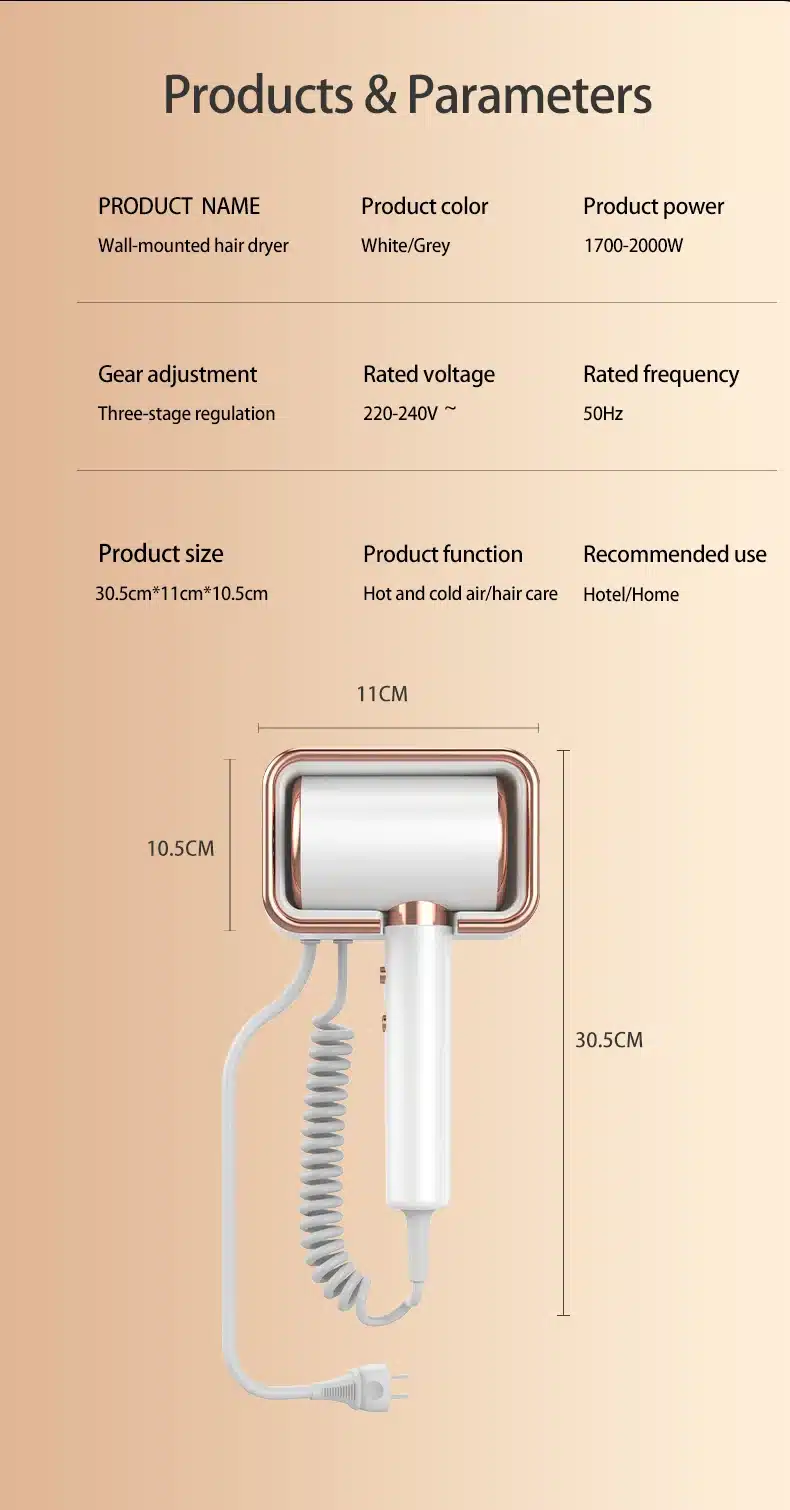 Väike seinale kinnitatav föön, valget ja halli värvi, kompaktse disainiga koos spiraalse juhtmega, sobib ideaalselt vannitubadesse. Föönil on kolmetasandiline soojuse reguleerimine ja töötab vahemikus 1700-2000W, pakkudes nii kuuma kui külma õhku.