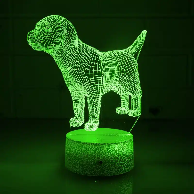 Roheline 3D lamp 'Koer', LED valgusega detailne koera kujutis tumedal taustal.