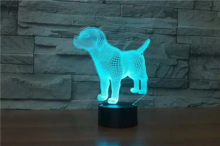 3D lamp 'Koer', mis särab sinakas-rohelises valguses, asetseb puidust laual. Valgusti kujutab koera siluetti ilmeka 3D võrgustikmustriga, taustal helekivi sein.