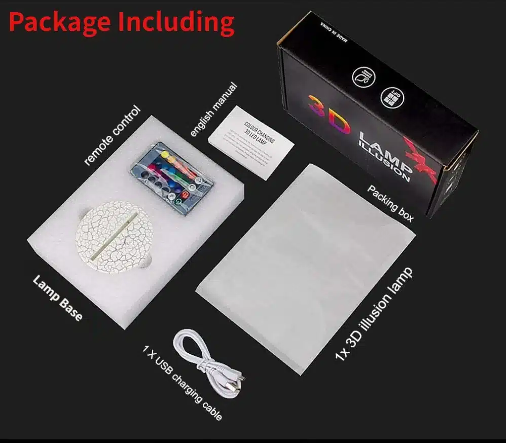 3D lamp 'Koer' komplekti sisu mustal taustal, sealhulgas lambialus, pult värviliste nuppudega, USB laadimiskaabel, kasutusjuhend ja pakendikarp.