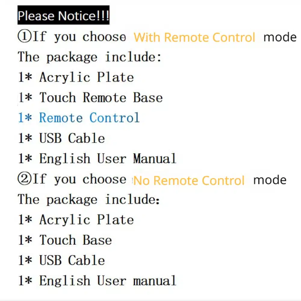 Details of the 3D lamp 'Koer' package options, featuring acrylic plate, touch remote base, remote control, USB cable, and English user manual