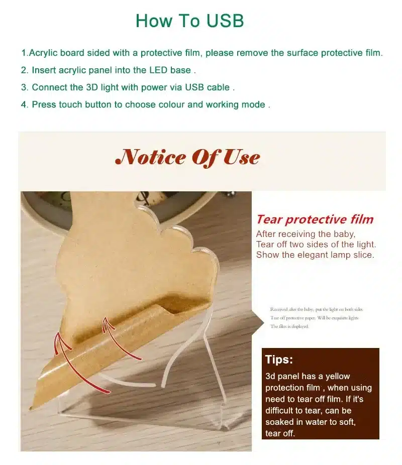 3D lamp 'Koer' kaitsekile eemaldamise juhend, koos akrüülplaadi ja USB-kaabliga, paigutatud puidust pinnale.