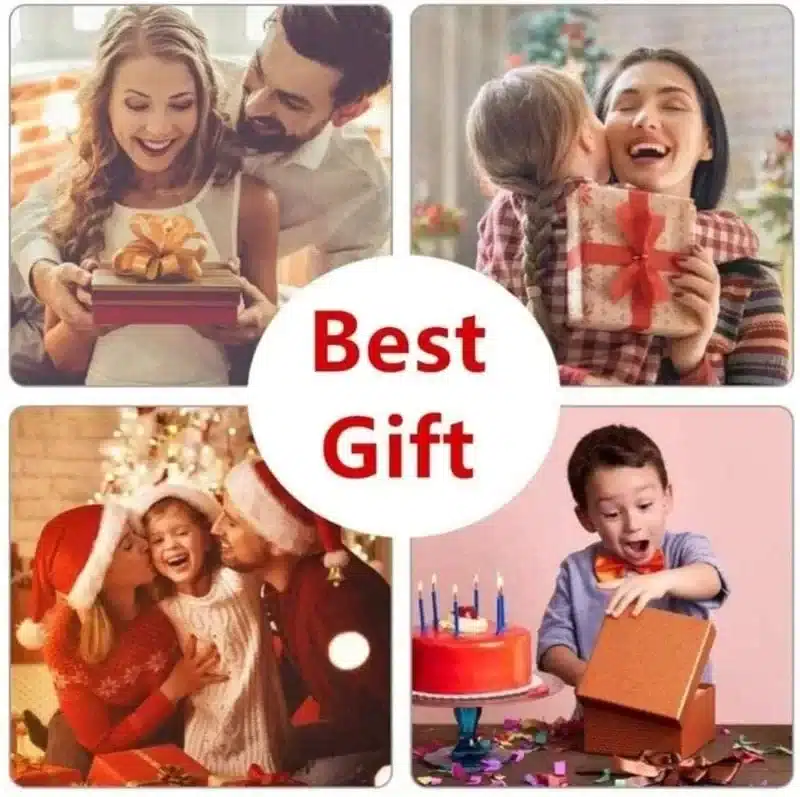 Pildil on neli stseeni inimestega kinkide ja tähistamisega. Esimestel kaadritel on paar naeratamas, jalas soojad valged kudumid, nad hoiavad kingitust. Teisel inimesel on jõuludeks punane pakend käes. Kolmas stseen hõlmab naeratavat peret, jõulupuud ja kinke, neljas rõõmsat last sünnipäeva tähistamas. Kõikjal valitseb rõõmus ja kingitusterohke atmosfäär.