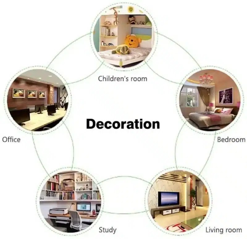 Kollane 3D lamp 'Koer' lastetoas, mänguasjade ja raamaturiiuliga heledal taustal, millel on mitmekülgne sisekujundus viidetega kontorisse, magamistuppa, elutuppa ja kodukontorisse.