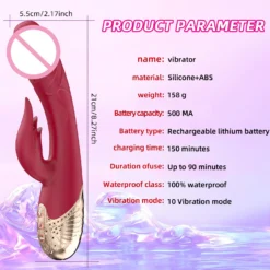 Kahe otsaga vibraator punases toonis koos detailse kirjeldustabeliga. Valmistatud silikoonist ja ABS-ist, pikkusega 21 cm. Vibraator asetseb roosas taustal, mis rõhutab selle kõrgtehnoloogilist disaini ja kasutajasõbralikku funktsionaalsust.