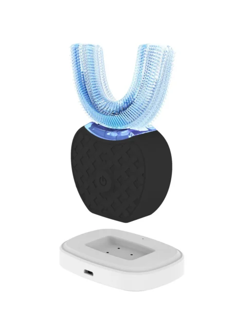 Elektriline hambahari koos hammaste valgendusega, sinise silikoonist U-kujulise harjaosa ja musta käepidemega. Taust on valge, hambahari paistab hõljuvat laadimisaluse kohal.