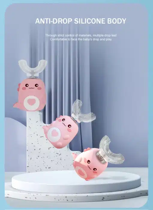 Roosa lapsele mõeldud elektriline hambahari koos hammaste valgendusega, millel on anti-drop silikoonkeha. Hambahari asub minimalistliku taustal sinise kardinaga ning ovaalse alusega.