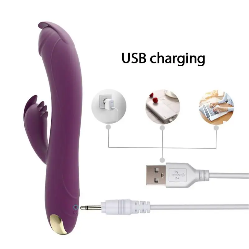 lilla kahe otsaga vibraator koos USB laadimiskaabliga