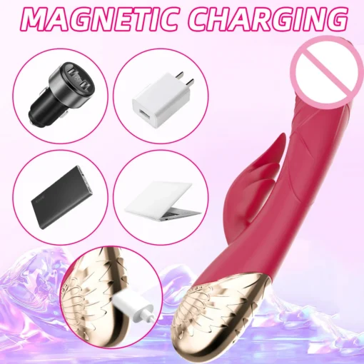 Kahe otsaga vibraator | E-pood Tootemaailm Kahe otsaga vibraator magnetilise laadimisega, ümbritsetud erinevate laadimistarvikutega, nagu USB-adapter, autolaadija, varuaku ja sülearvuti, roosa taustal.