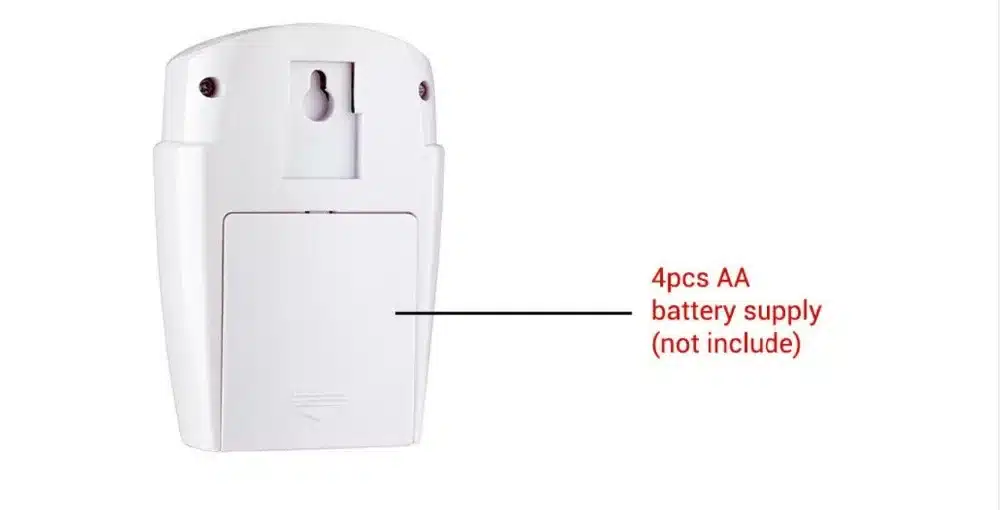 valge juhtmevaba minialarm, millel on patareipesa