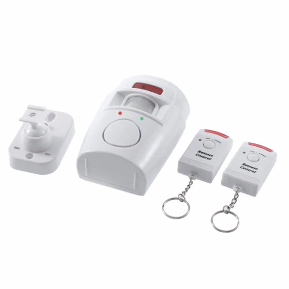 valge juhtmevaba minialarm koos kahe kaugjuhtimispuldiga