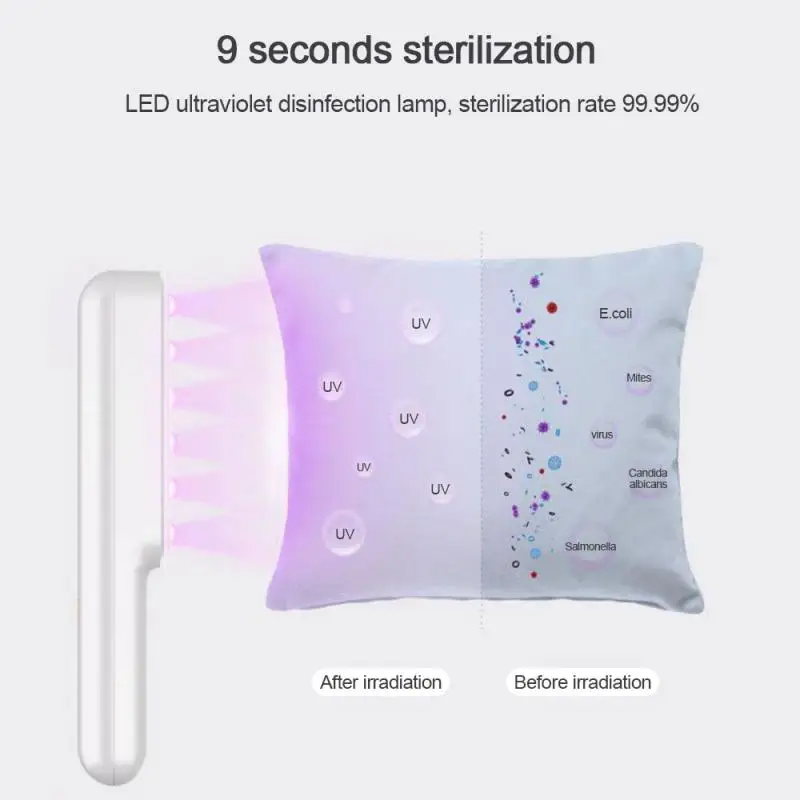 valge kaasaskantav UV steriliseerija, mis suunab ultraviolettvalgust padjale, näidates bakterite ja viiruste vähenemist