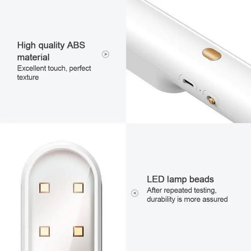 valge kaasaskantav UV steriliseerija, millel on LED lamp helmed ja kuldne nupp