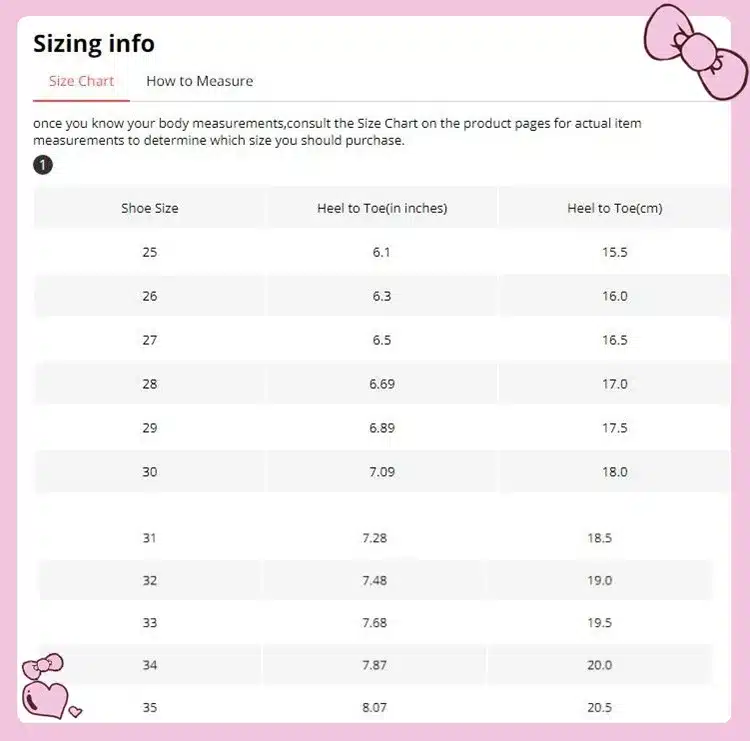 jalatsite suuruste tabel roosa raamiga