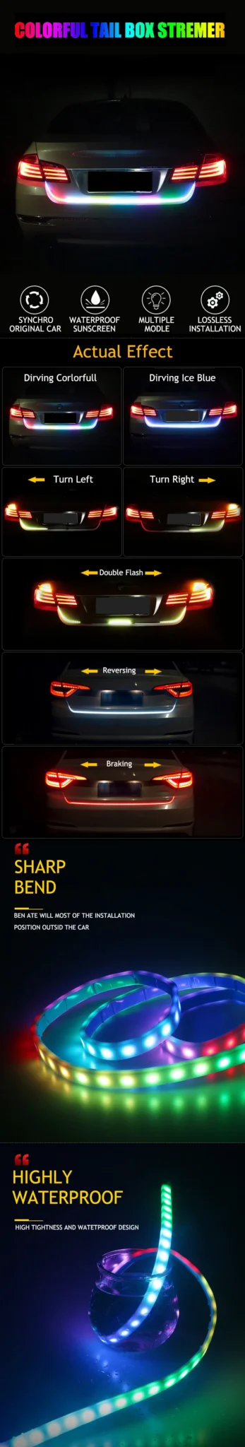 auto pagasiruumi külge kinnitatud mitmevärvilised LED tuled