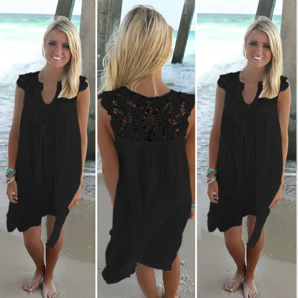 Women's 2019 Bohemia summer dress stitching loose sexy dress Short sleeved chiffon solid lace beach dress women dropshing LD162 5