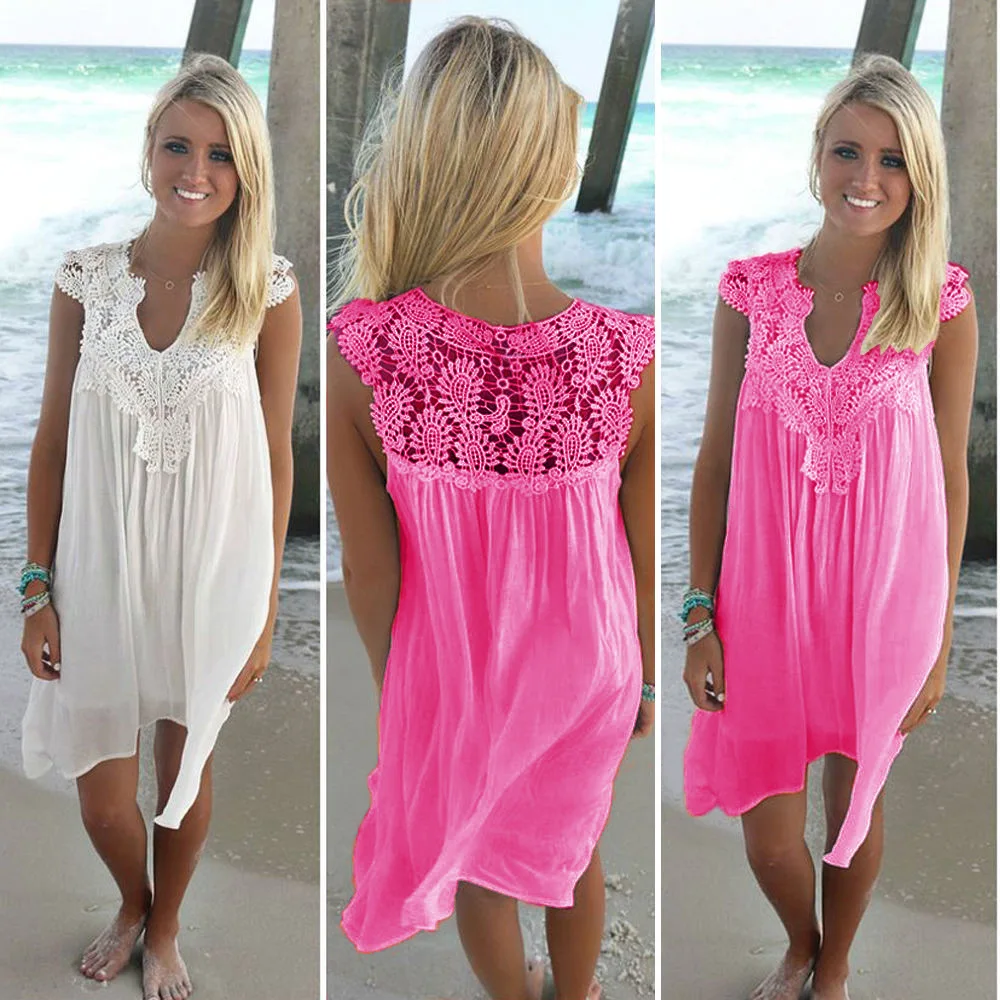 Women's 2019 Bohemia summer dress stitching loose sexy dress Short sleeved chiffon solid lace beach dress women dropshing LD162 8
