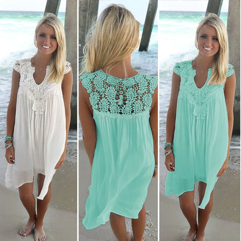 Women's 2019 Bohemia summer dress stitching loose sexy dress Short sleeved chiffon solid lace beach dress women dropshing LD162 10