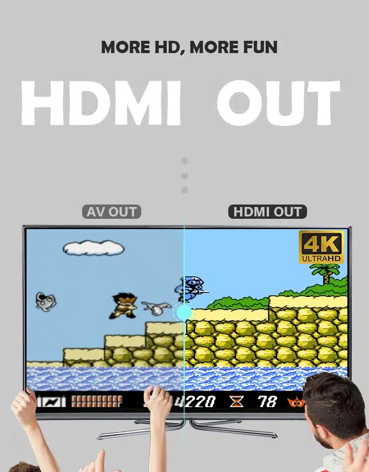 lapsed mängivad retro videomängu suurel ekraanil, millel on HDMI ja AV väljundid
