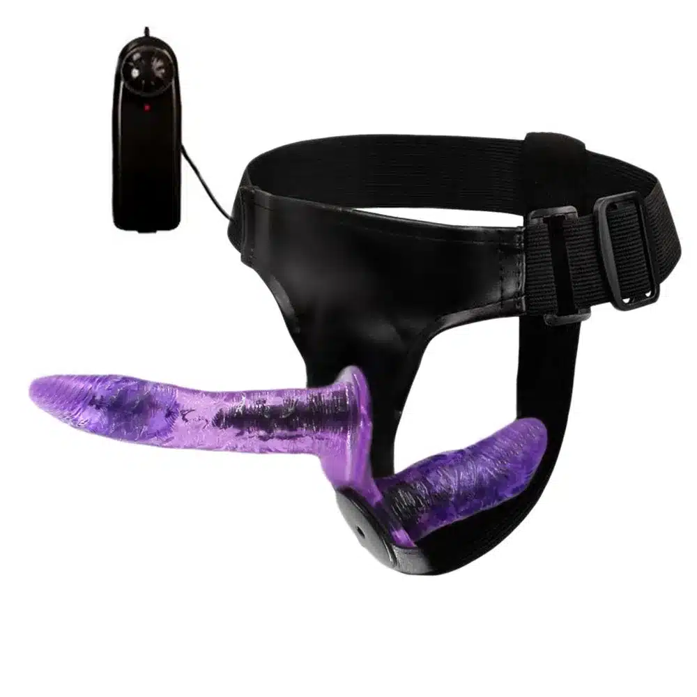lilla kahepoolne strap-on dildo musta reguleeritava rihmaga